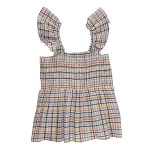 LOFT Womens Smocked Plaid Ruffle Top Size S Spring Girly Coastal Cottagecore